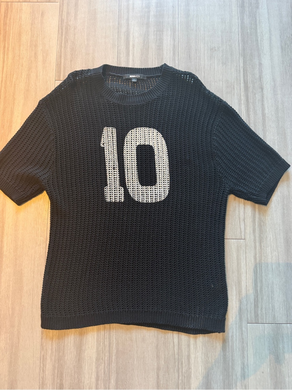 Fashion Nova Black Open-Knit Crewneck Sweater with White '10' (LARGE)